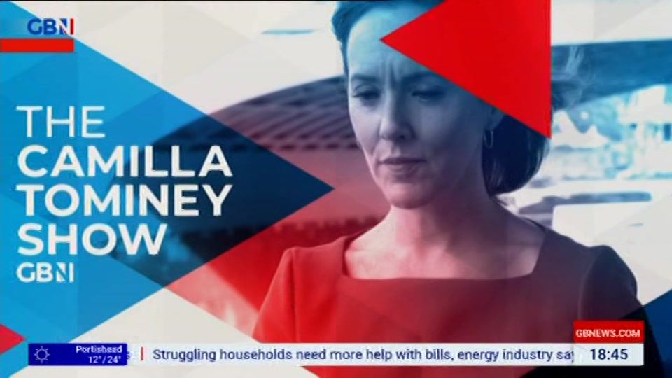 Broadcast still at 45m. GB News, New: The Camilla Tominey Show..., 23 August 2026.
