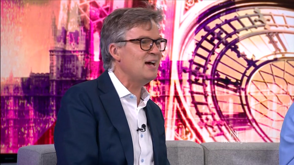 Broadcast still at 26m. BBC TWO, Newsnight, followed by Weather, 16 July 2026.