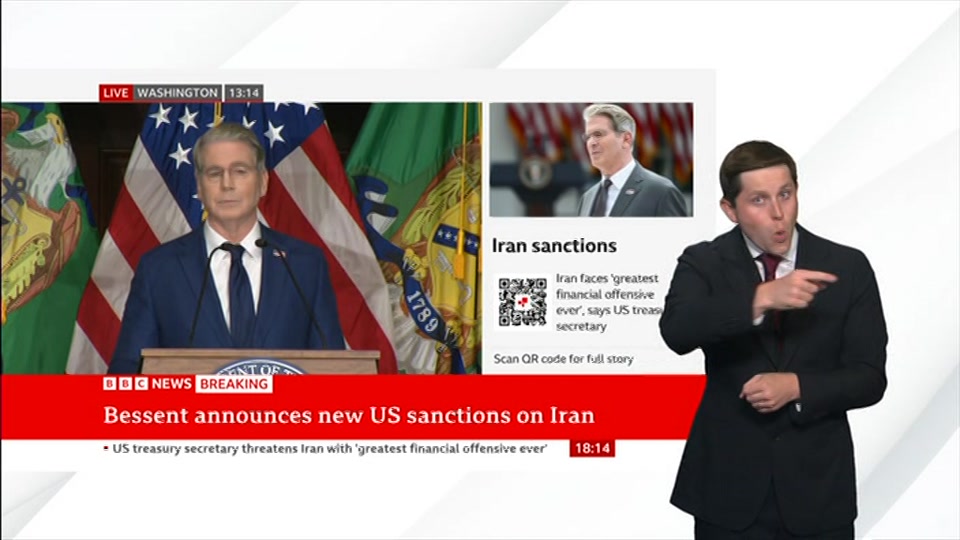 Broadcast still at 14m. BBC News, Signed: BBC News at Six, 24 August 2026.