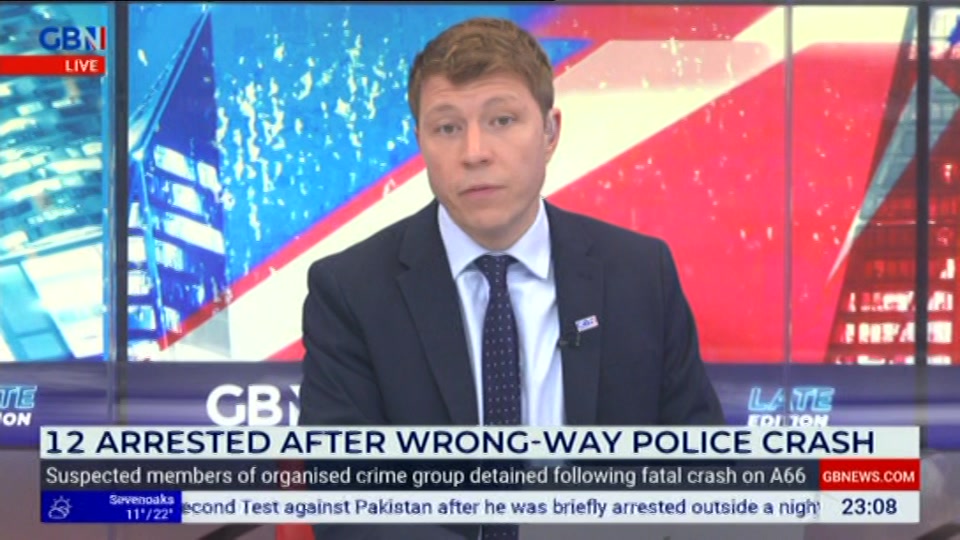 Broadcast still at 8m. GB News, New: Patrick Christys Tonight Late..., 24 August 2026.