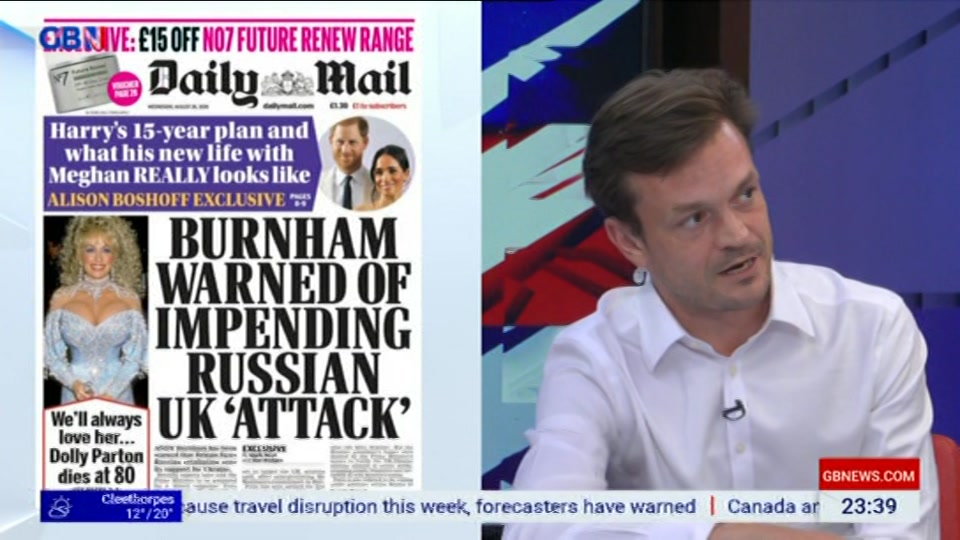 Broadcast still at 39m. GB News, New: Patrick Christys Tonight Late..., 25 August 2026.