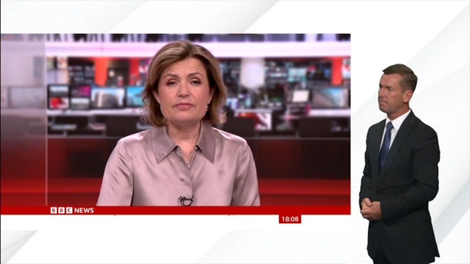 Broadcast still at 8m. BBC News, Signed: BBC News at Six, 25 August 2026.
