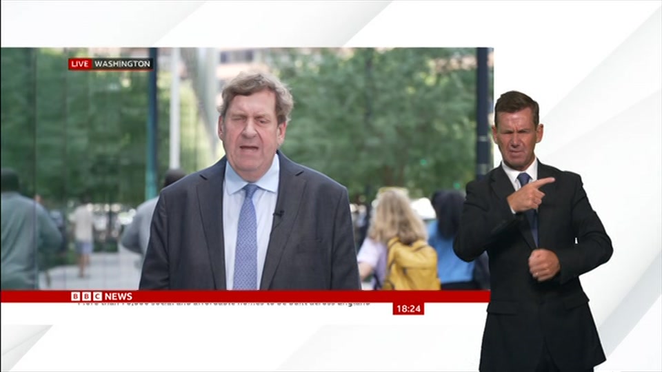 Broadcast still at 24m. BBC News, Signed: BBC News at Six, 25 August 2026.