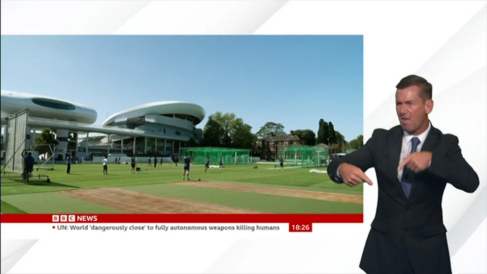 Broadcast still at 26m. BBC News, Signed: BBC News at Six, 25 August 2026.
