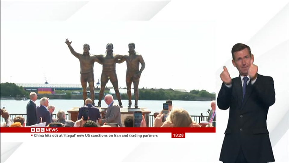 Broadcast still at 28m. BBC News, Signed: BBC News at Six, 25 August 2026.