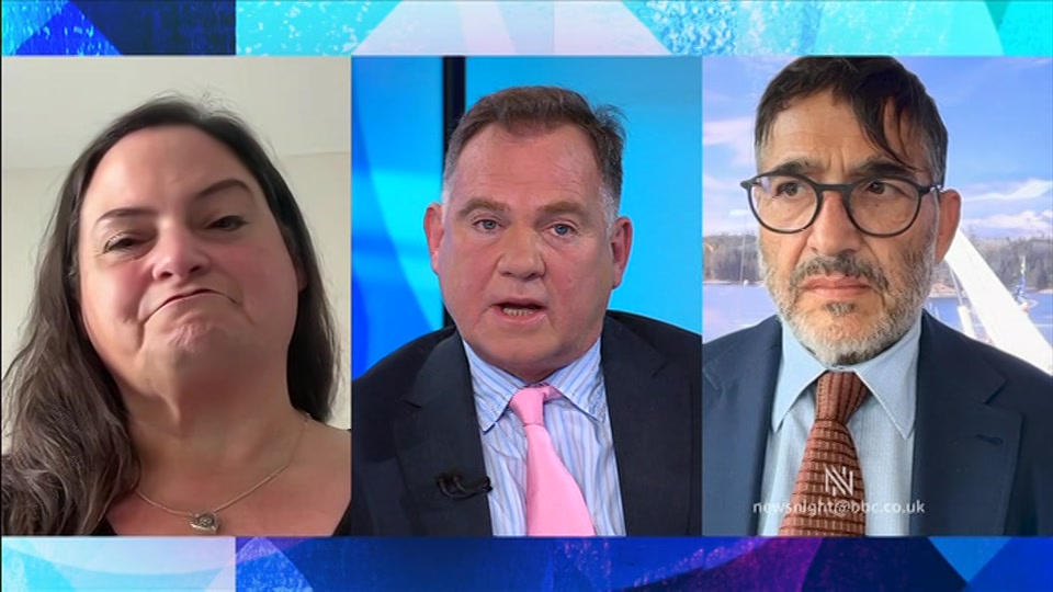 Broadcast still at 24m. BBC Two, Newsnight, followed by Weather, 26 August 2026.