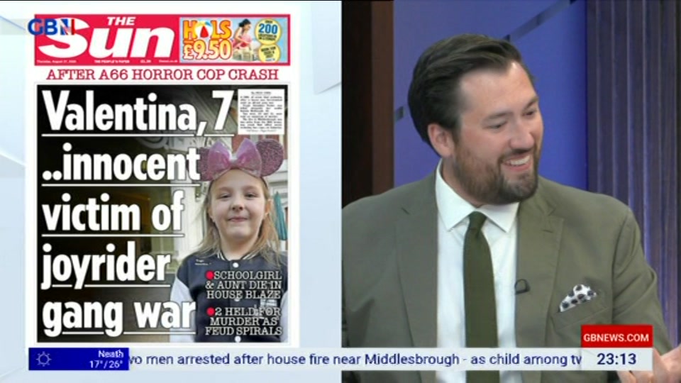 Broadcast still at 13m. GB News, New: Patrick Christys Tonight Late..., 26 August 2026.
