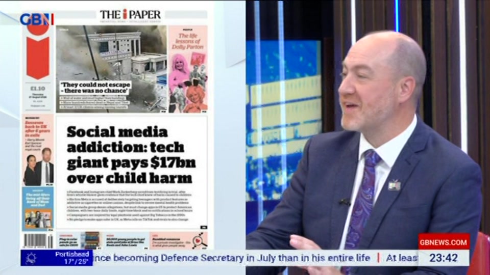 Broadcast still at 42m. GB News, New: Patrick Christys Tonight Late..., 26 August 2026.