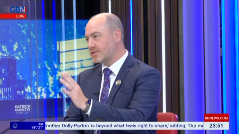 Broadcast still at 51m. GB News, New: Patrick Christys Tonight Late..., 26 August 2026.