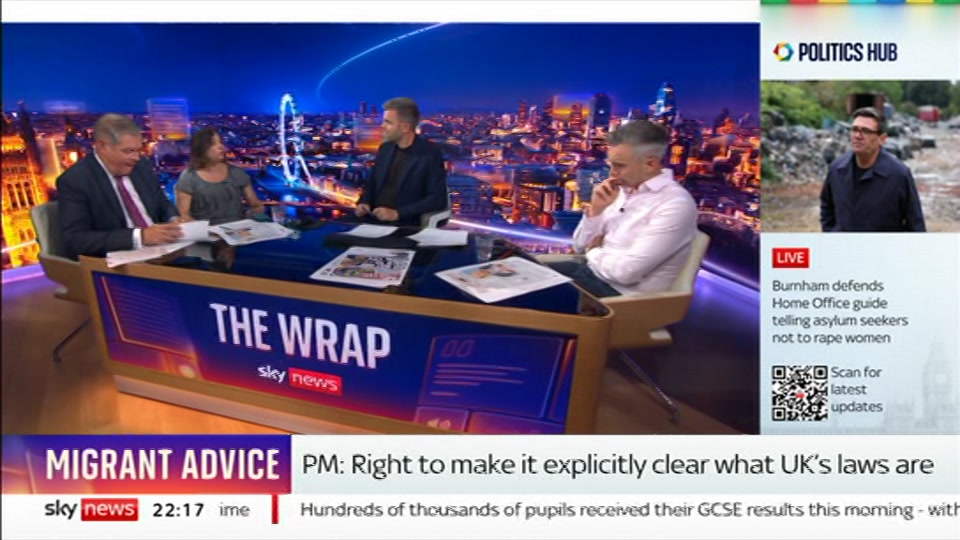 Broadcast still at 17m. Sky News, The Wrap With Anna Botting, 20 August 2026.