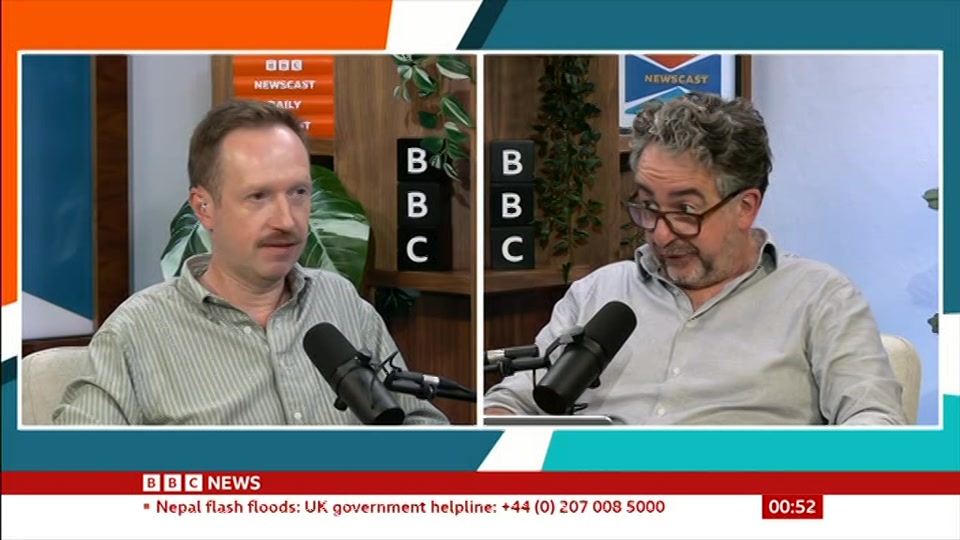 Broadcast still at 22m. BBC News, Newscast, 27 August 2026.