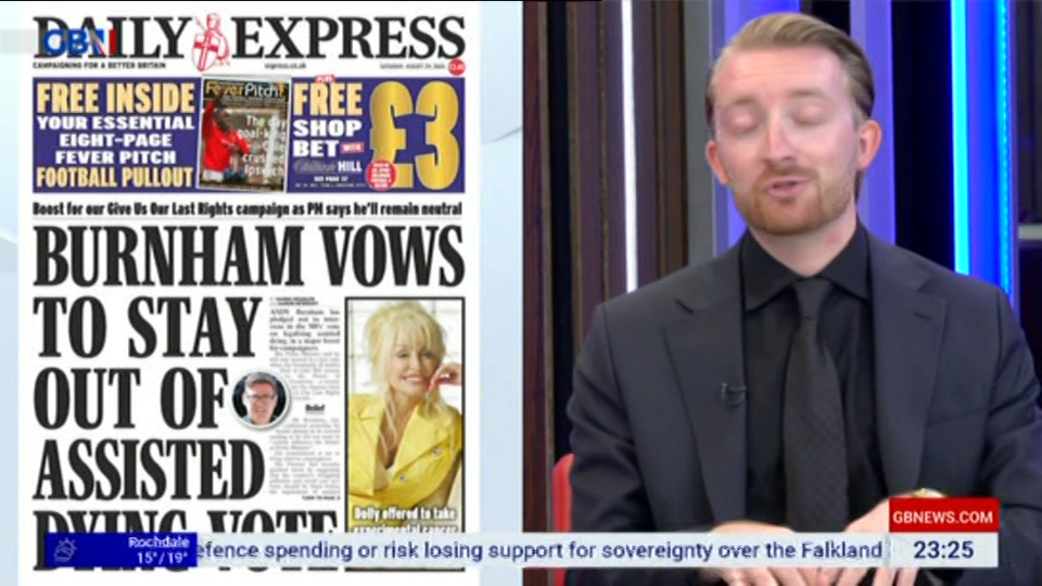 Broadcast still at 25m. GB News, New: Patrick Christys Tonight Late..., 28 August 2026.