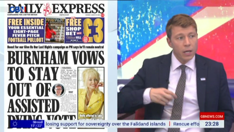 Broadcast still at 28m. GB News, New: Patrick Christys Tonight Late..., 28 August 2026.