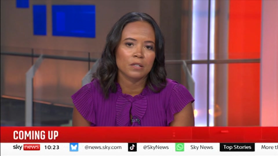 Broadcast still at 23m. Sky News, Sky News Today with Sam Washington, 29 August 2026.