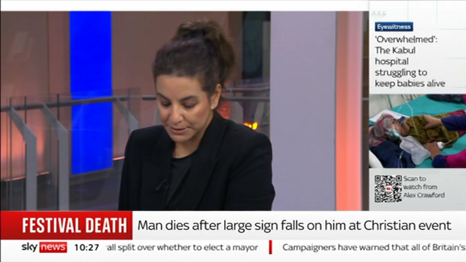 Broadcast still at 27m. Sky News, Sky News Today with Sam Washington, 29 August 2026.