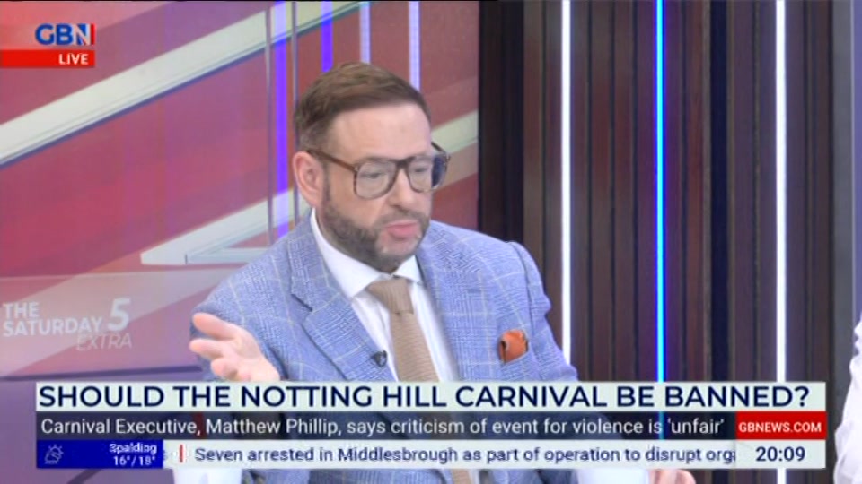 Broadcast still at 9m. GB News, New: The Saturday Five Extra, 29 August 2026.