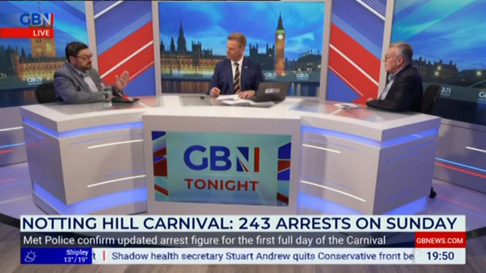 Broadcast still at 50m 30s. GB News, New: GBN Tonight, 31 August 2026.