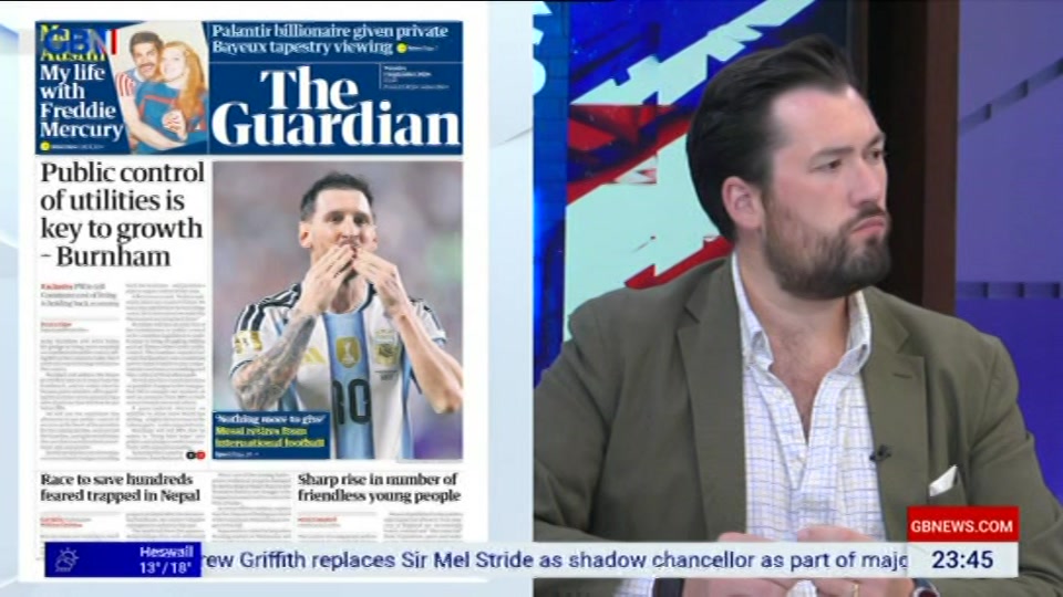 Broadcast still at 45m 30s. GB News, New: Patrick Christys Tonight Late..., 31 August 2026.
