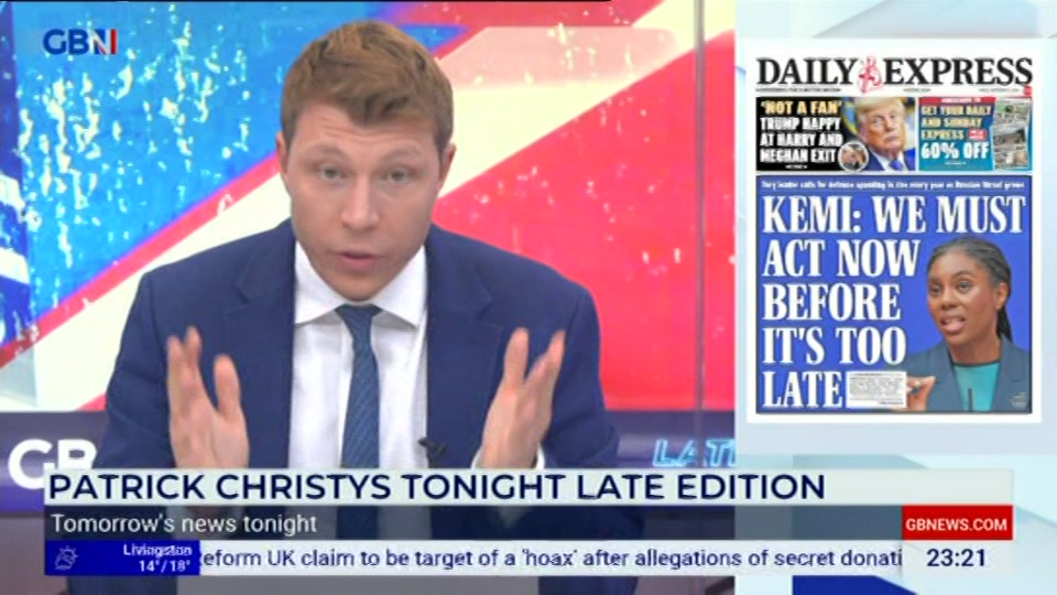 Broadcast still at 21m. GB News, New: Patrick Christys Tonight Late..., 3 September 2026.