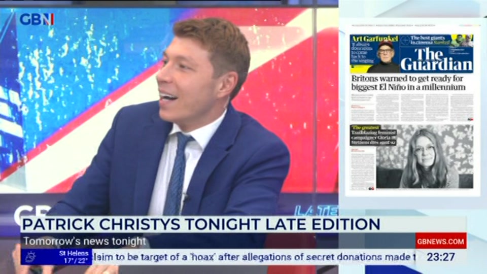 Broadcast still at 27m 30s. GB News, New: Patrick Christys Tonight Late..., 3 September 2026.