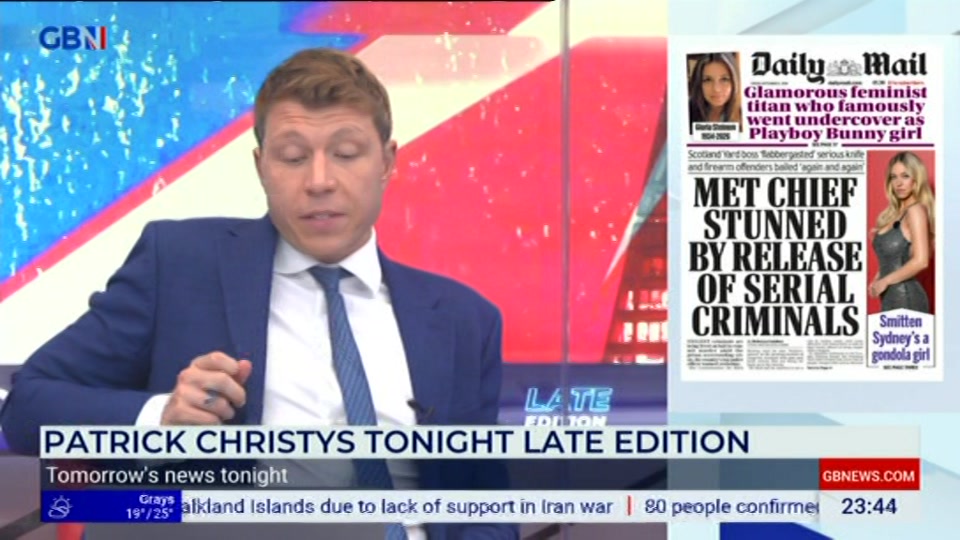 Broadcast still at 44m. GB News, New: Patrick Christys Tonight Late..., 3 September 2026.