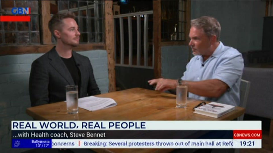 Broadcast still at 21m 30s. GB News, New: Lee Anderson's Real World, 4 September 2026.
