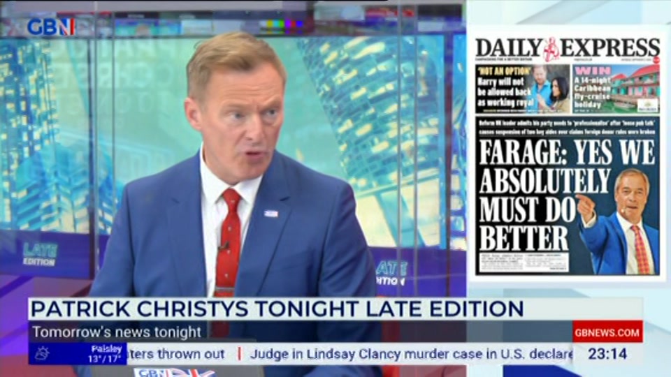 Broadcast still at 14m 30s. GB News, New: Patrick Christys Tonight Late..., 4 September 2026.