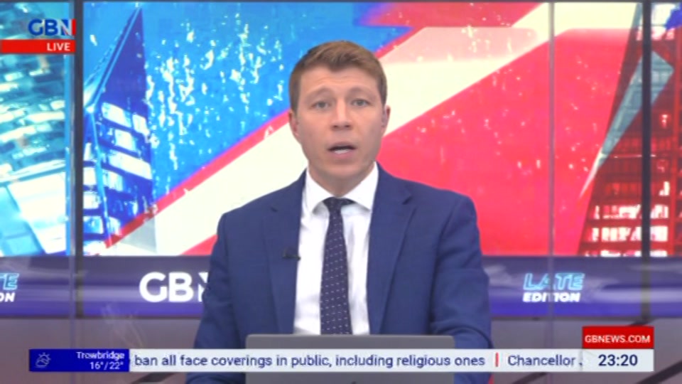 Broadcast still at 20m 30s. GB News, New: Patrick Christys Tonight Late..., 7 September 2026.