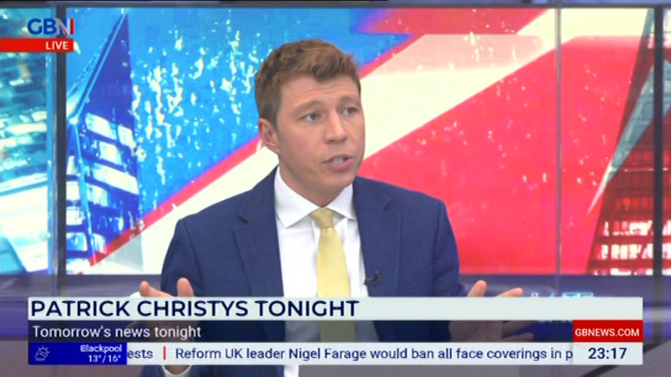 Broadcast still at 17m 30s. GB News, New: Patrick Christys Tonight Late..., 8 September 2026.