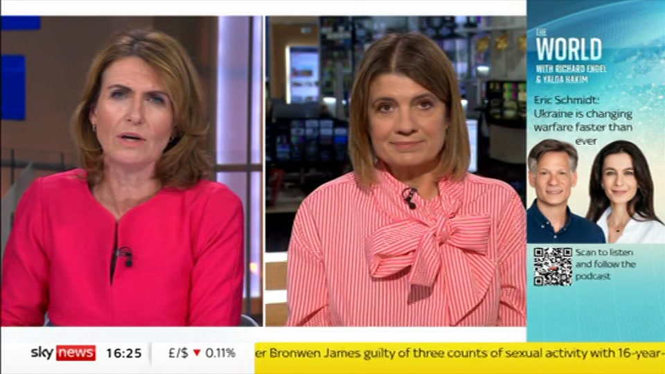 Broadcast still at 25m 30s. Sky News, Sky News Today with Jayne Secker, 10 September 2026.