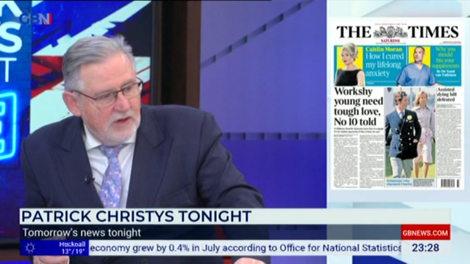 Broadcast still at 28m. GB News, New: Patrick Christys Tonight Late..., 11 September 2026.