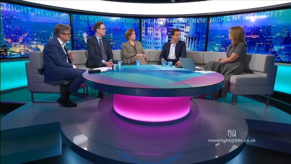 Broadcast still at 19m. BBC Two, Newsnight, followed by Weather, 14 September 2026.