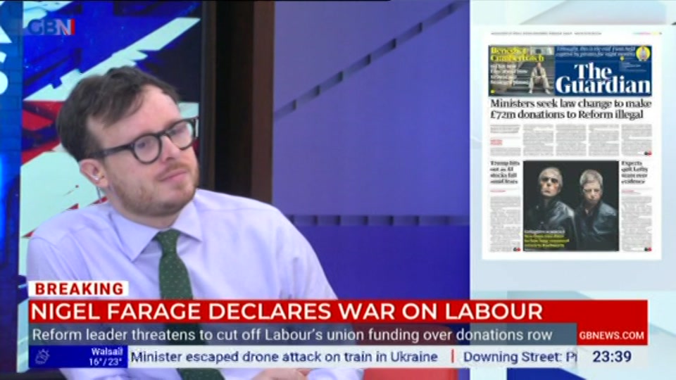 Broadcast still at 39m. GB News, New: Patrick Christys Tonight Late..., 14 September 2026.