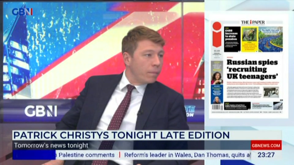Broadcast still at 27m. GB News, New: Patrick Christys Tonight Late..., 15 September 2026.