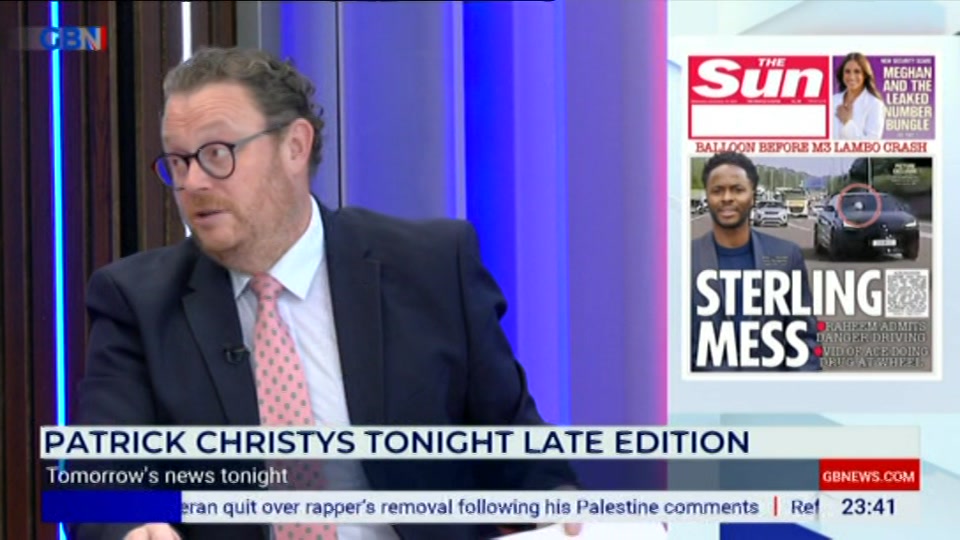 Broadcast still at 41m. GB News, New: Patrick Christys Tonight Late..., 15 September 2026.
