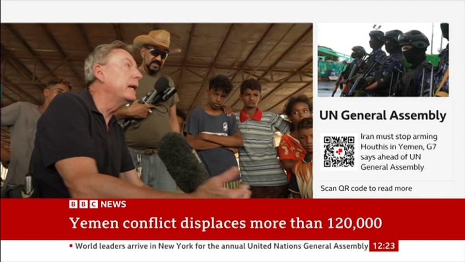 Broadcast still at 23m 30s. BBC News, BBC News Now, 22 September 2026.