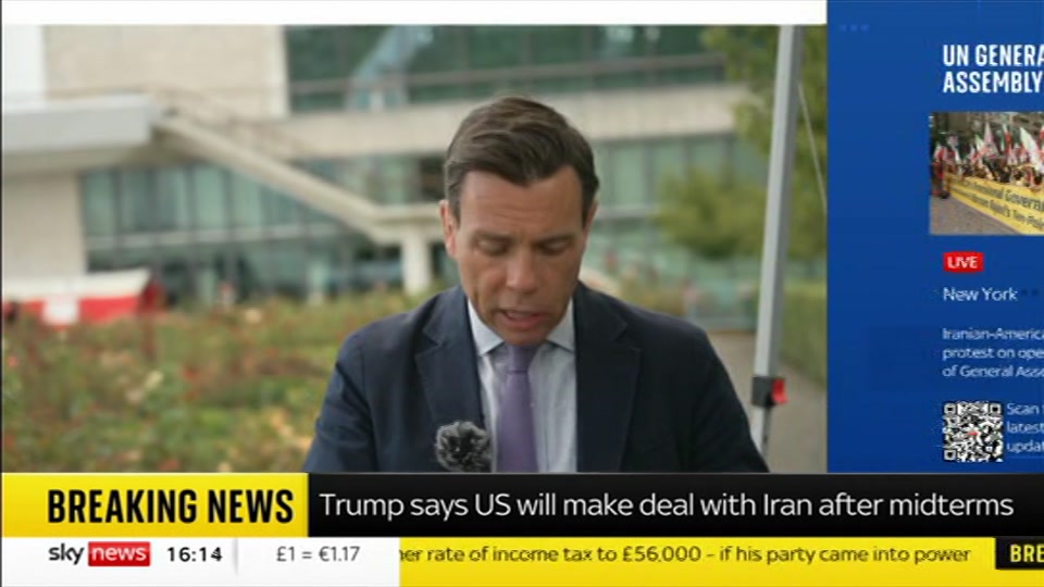Broadcast still at 14m. Sky News, Sky News Today with Jayne Secker, 22 September 2026.