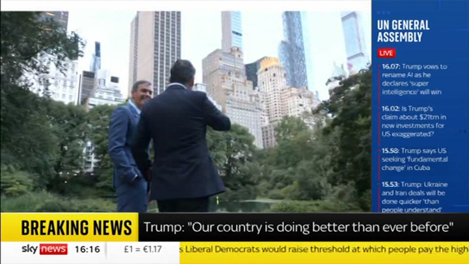 Broadcast still at 16m 30s. Sky News, Sky News Today with Jayne Secker, 22 September 2026.