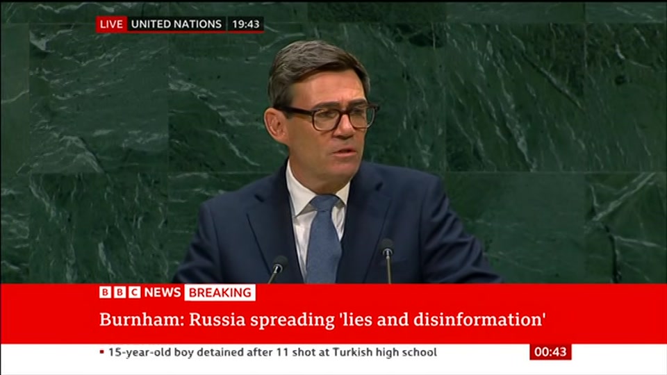 Broadcast still at 13m 30s. BBC News, Newscast, 22 September 2026.