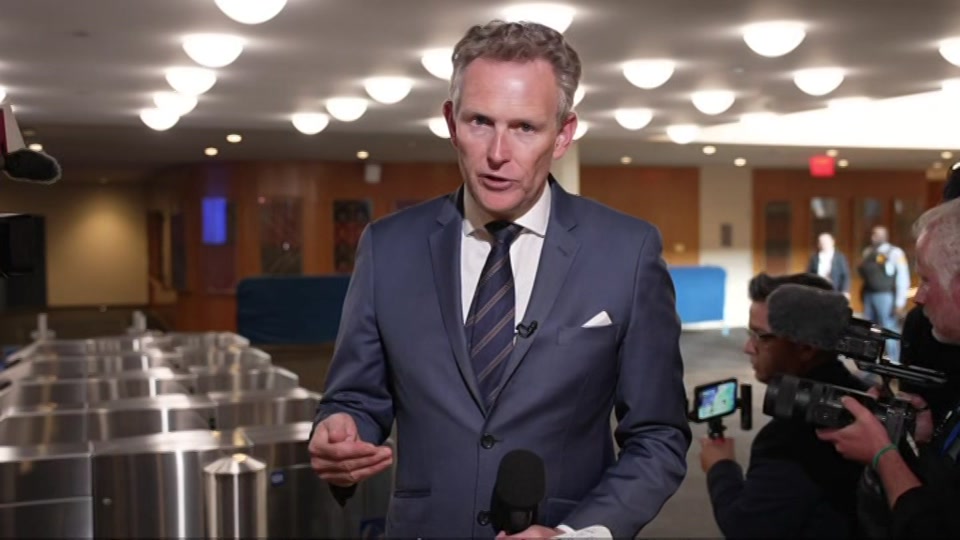 Broadcast still at 49m. ITV, ITV Evening News, 23 September 2026.