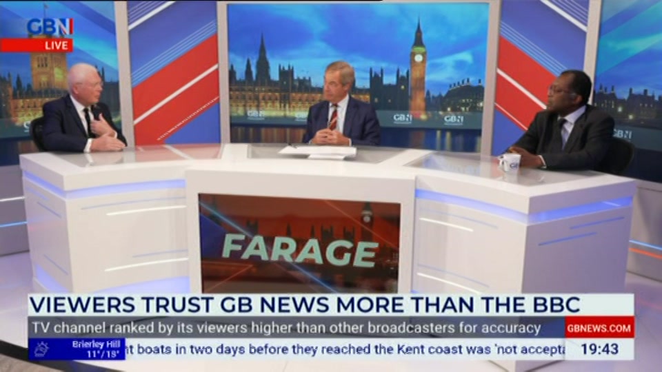 Broadcast still at 43m. GB News, New: Farage, 23 September 2026.