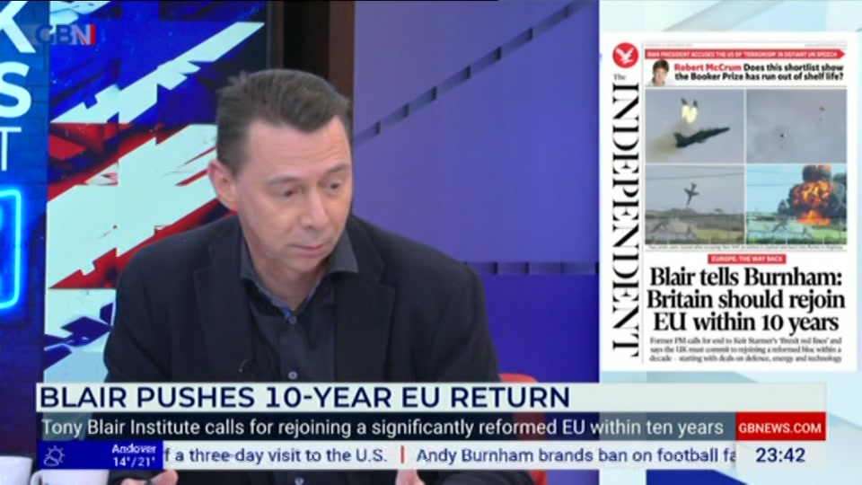Broadcast still at 42m. GB News, New: Patrick Christys Tonight Late..., 23 September 2026.