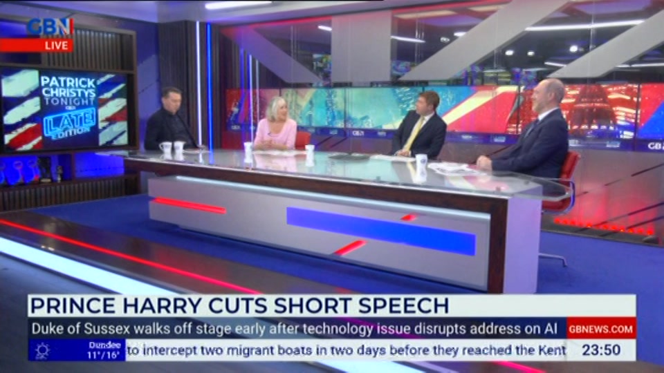 Broadcast still at 50m 30s. GB News, New: Patrick Christys Tonight Late..., 23 September 2026.