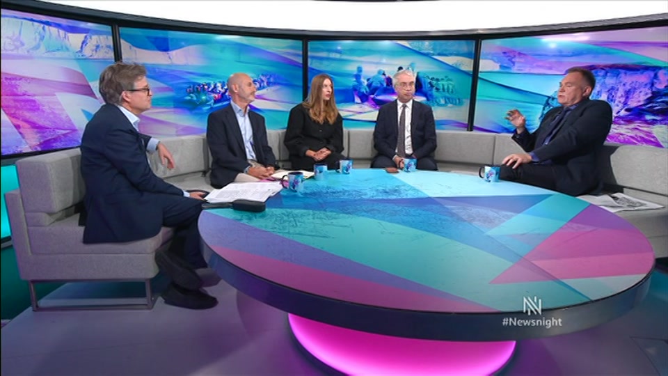 Broadcast still at 23m. BBC Two, Newsnight, followed by Weather, 24 September 2026.