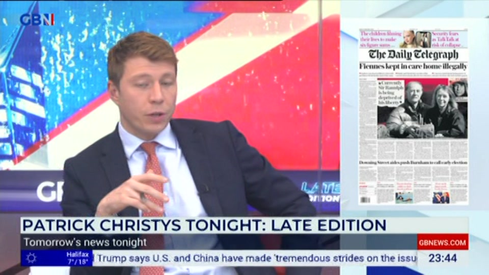 Broadcast still at 44m 30s. GB News, New: Patrick Christys Tonight Late..., 24 September 2026.