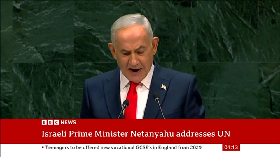 Broadcast still at 13m 30s. BBC News, 25 September 2026.