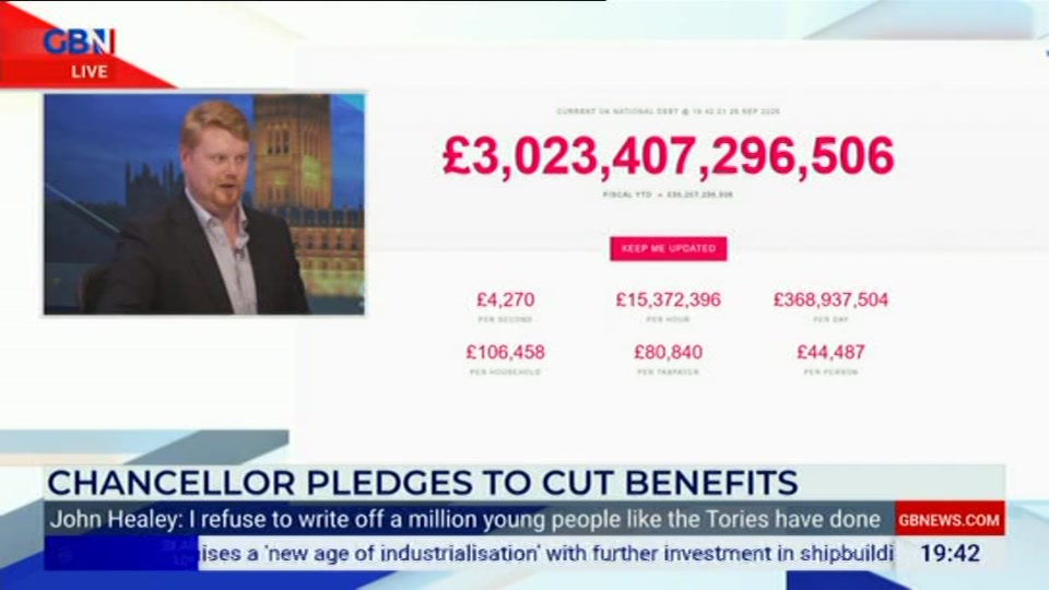 Broadcast still at 42m 30s. GB News, New: Farage, 28 September 2026.