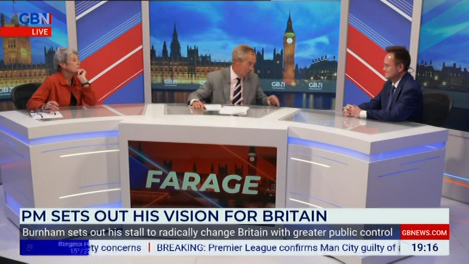 Broadcast still at 16m 30s. GB News, New: Farage, 29 September 2026.