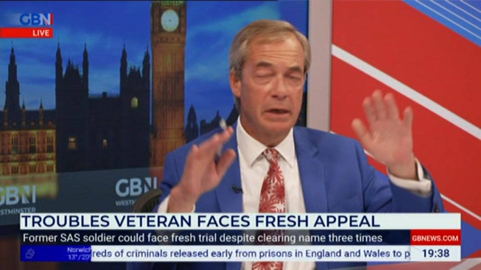 Broadcast still at 38m. GB News, New: Farage, 1 October 2026.