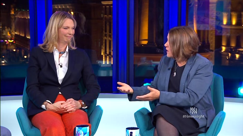 Broadcast still at 28m. BBC Two, Newsnight, followed by Weather, 1 October 2026.